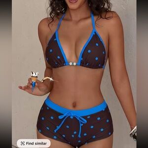 Chic Brown and Blue Polka Dot Bikini Set retro